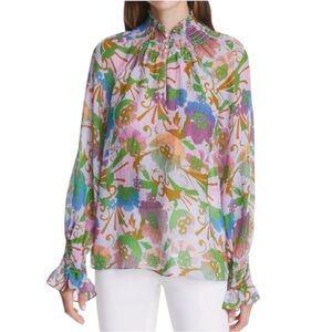 Tanya Taylor Alexis Top in Floral Print with Mock Neck 100% Silk Size Medium